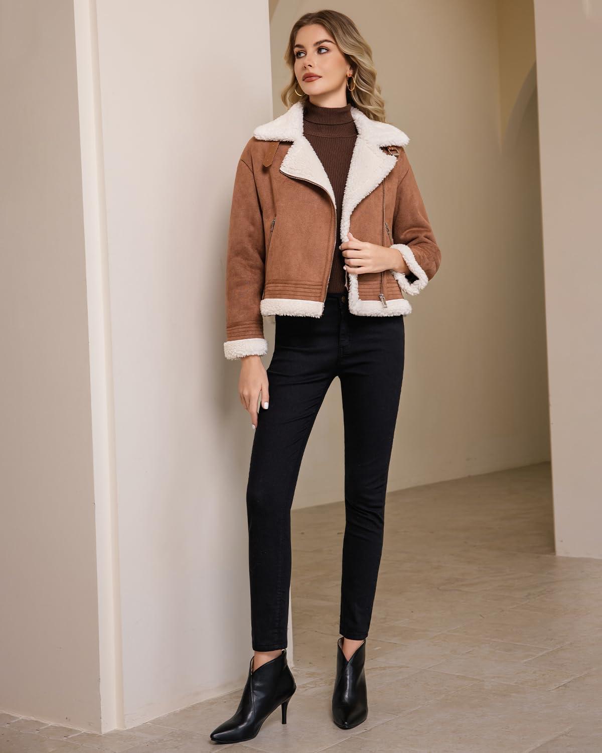 imageDIASHINY Womens Faux Shearing Fur Winter Coat Warm Thick Fur Lined Faux Leather Jacket141 Dark Brown
