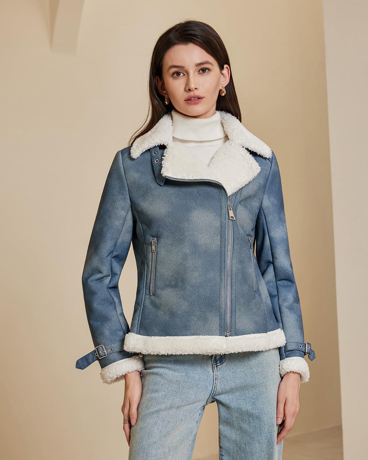 imageDIASHINY Womens Faux Shearing Fur Winter Coat Warm Thick Fur Lined Faux Leather Jacket177 Denim Blue