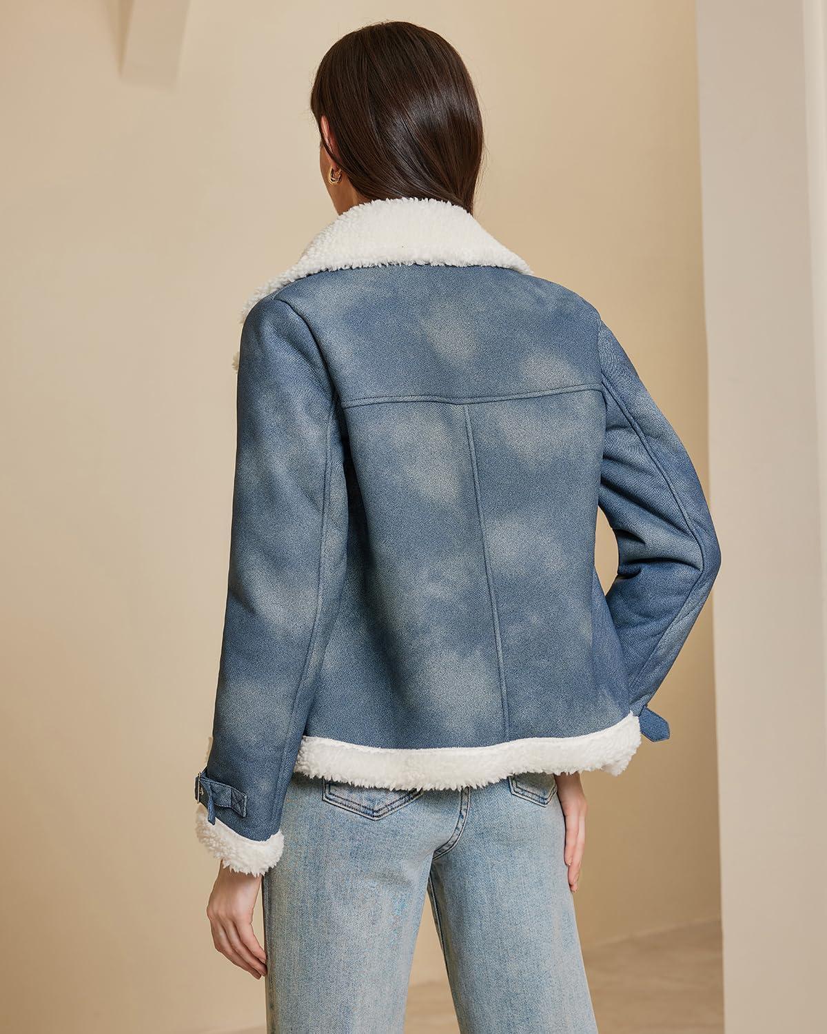 imageDIASHINY Womens Faux Shearing Fur Winter Coat Warm Thick Fur Lined Faux Leather Jacket177 Denim Blue