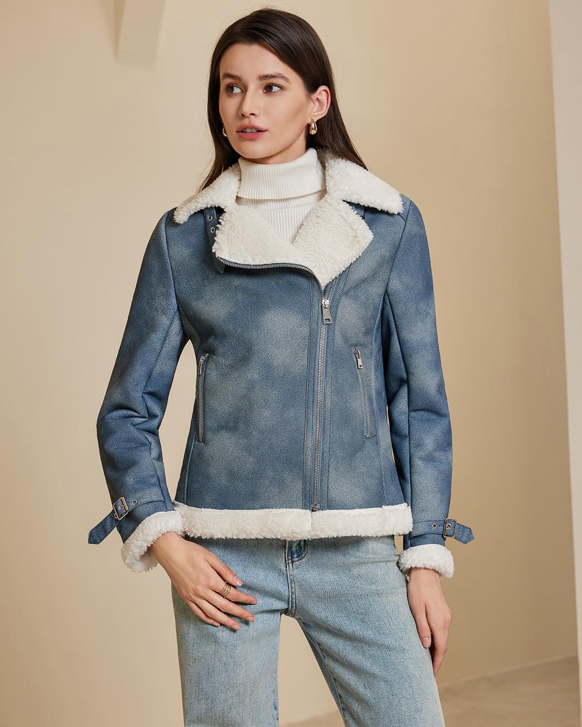 imageDIASHINY Womens Faux Shearing Fur Winter Coat Warm Thick Fur Lined Faux Leather Jacket177 Denim Blue