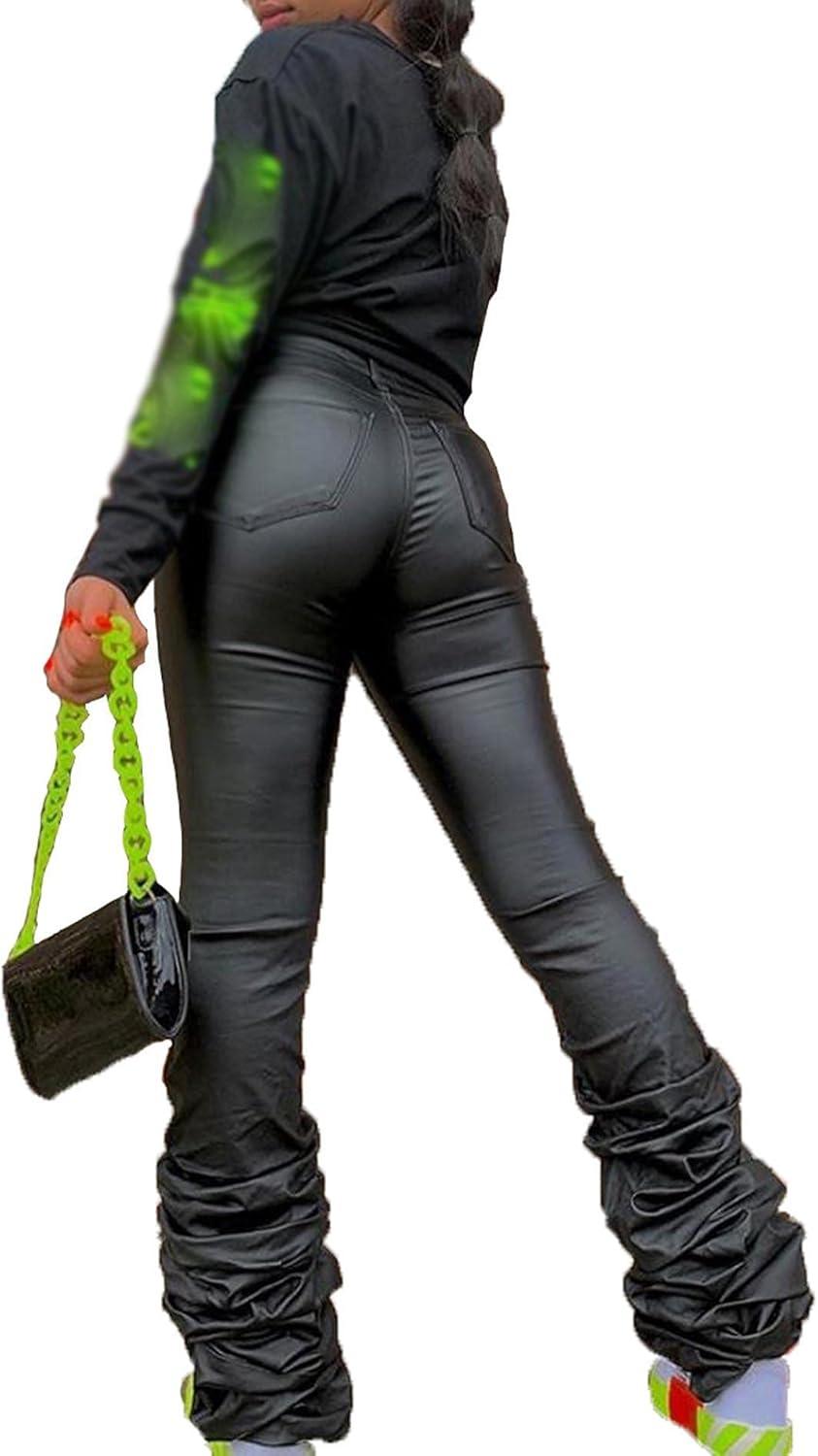 imageECDAHICC Womens PU Leather Stacked Pants Shiny High Waisted Faux Leather Bell Bottom Pants Ruched Leggings ClubwearBlack