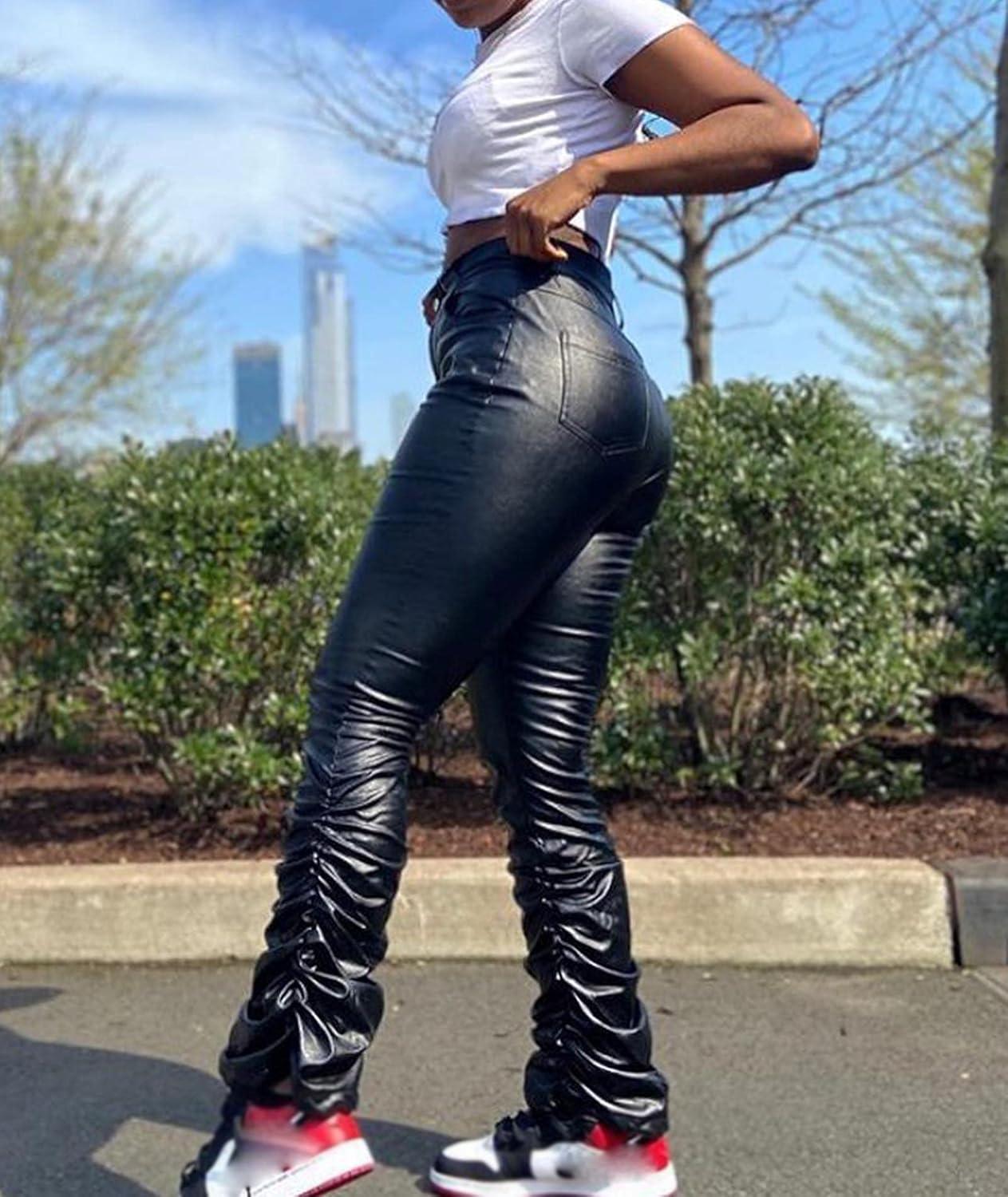 imageECDAHICC Womens PU Leather Stacked Pants Shiny High Waisted Faux Leather Bell Bottom Pants Ruched Leggings ClubwearBlack
