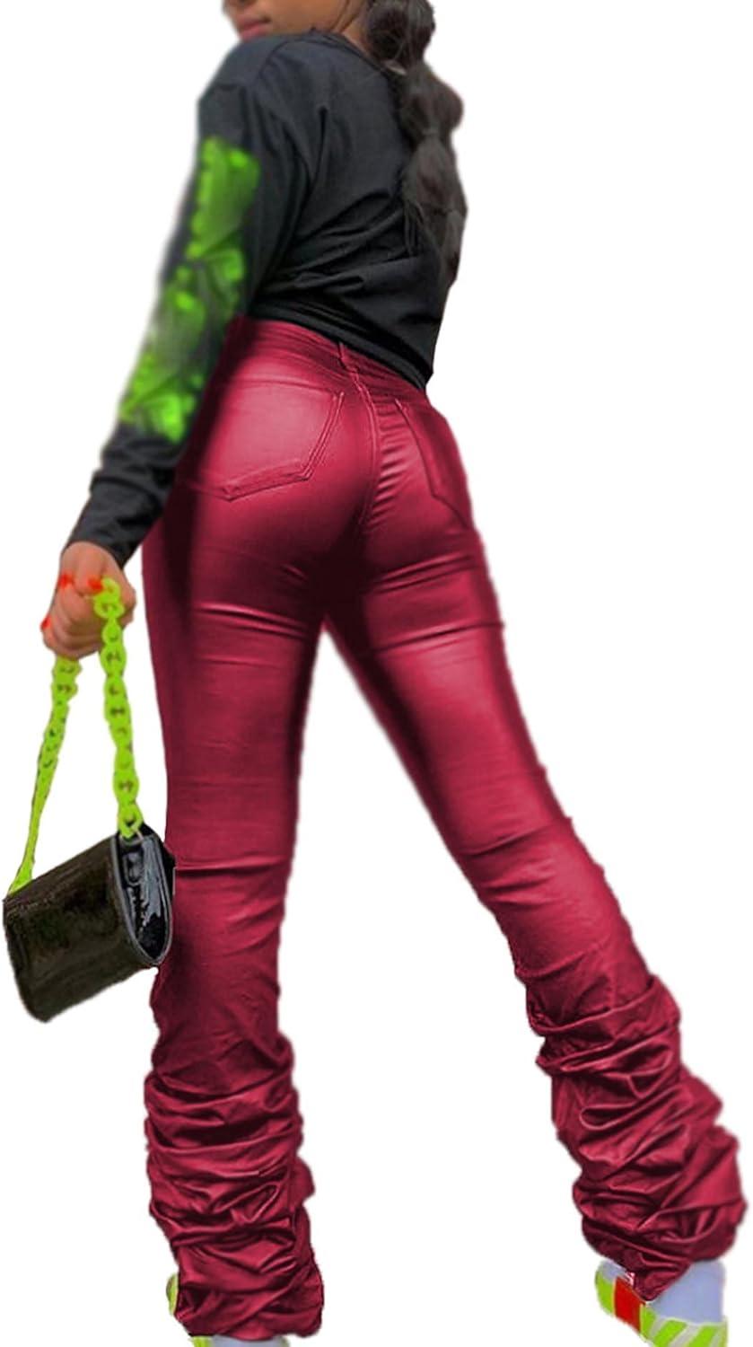 imageECDAHICC Womens PU Leather Stacked Pants Shiny High Waisted Faux Leather Bell Bottom Pants Ruched Leggings ClubwearWine Red