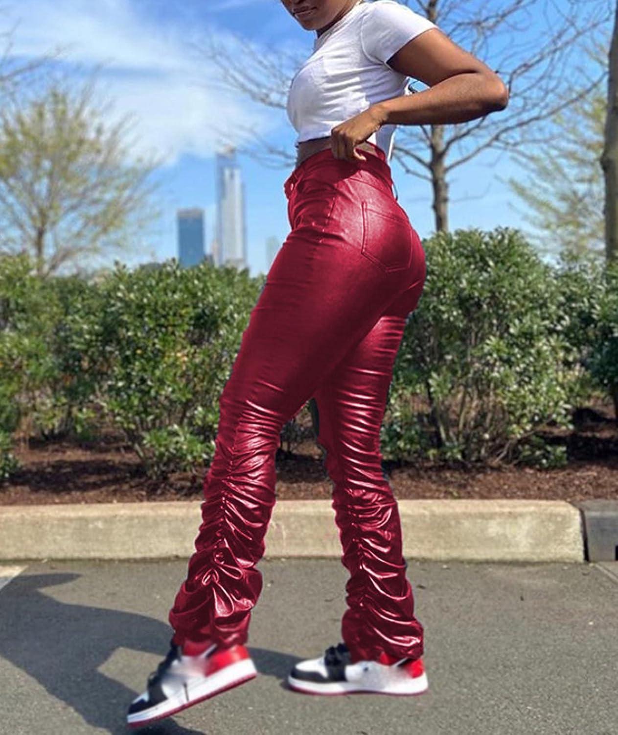 imageECDAHICC Womens PU Leather Stacked Pants Shiny High Waisted Faux Leather Bell Bottom Pants Ruched Leggings ClubwearWine Red