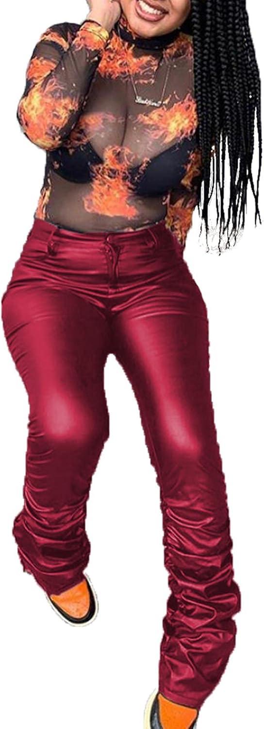 imageECDAHICC Womens PU Leather Stacked Pants Shiny High Waisted Faux Leather Bell Bottom Pants Ruched Leggings ClubwearWine Red