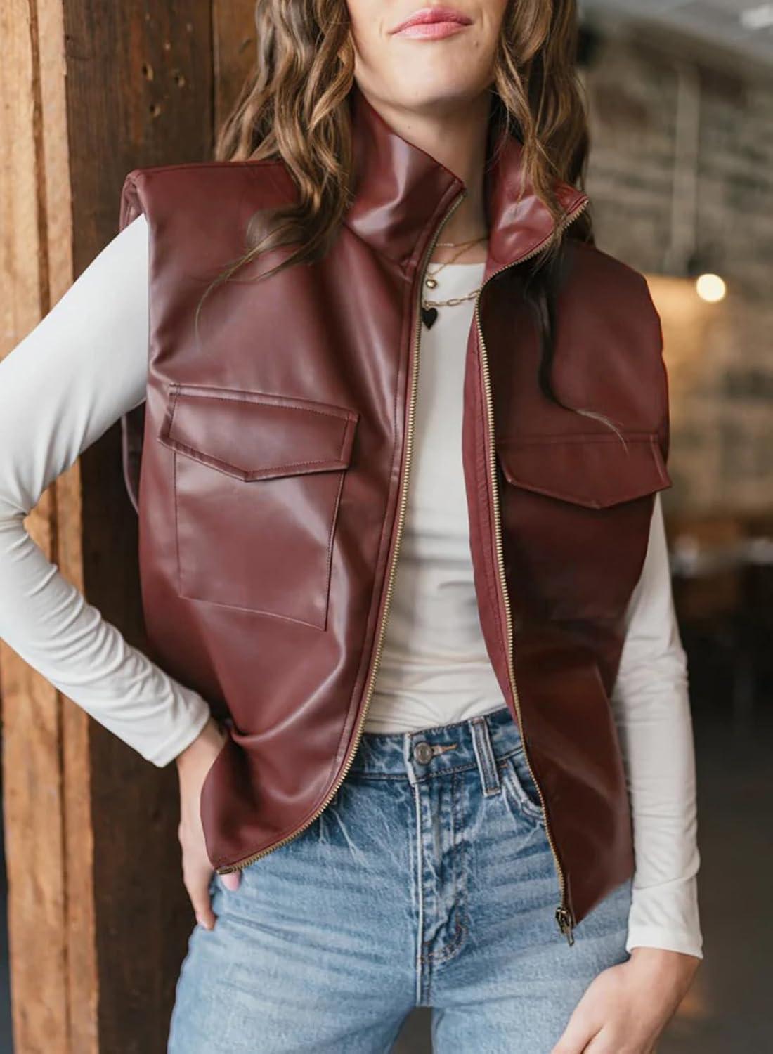 imageEVALESS Faux Leather Jacket Women Sleeveless Motorcycle Coat Zip Up Vest Jackets Fall Fashion Outfits Winter ClothesBurgundy