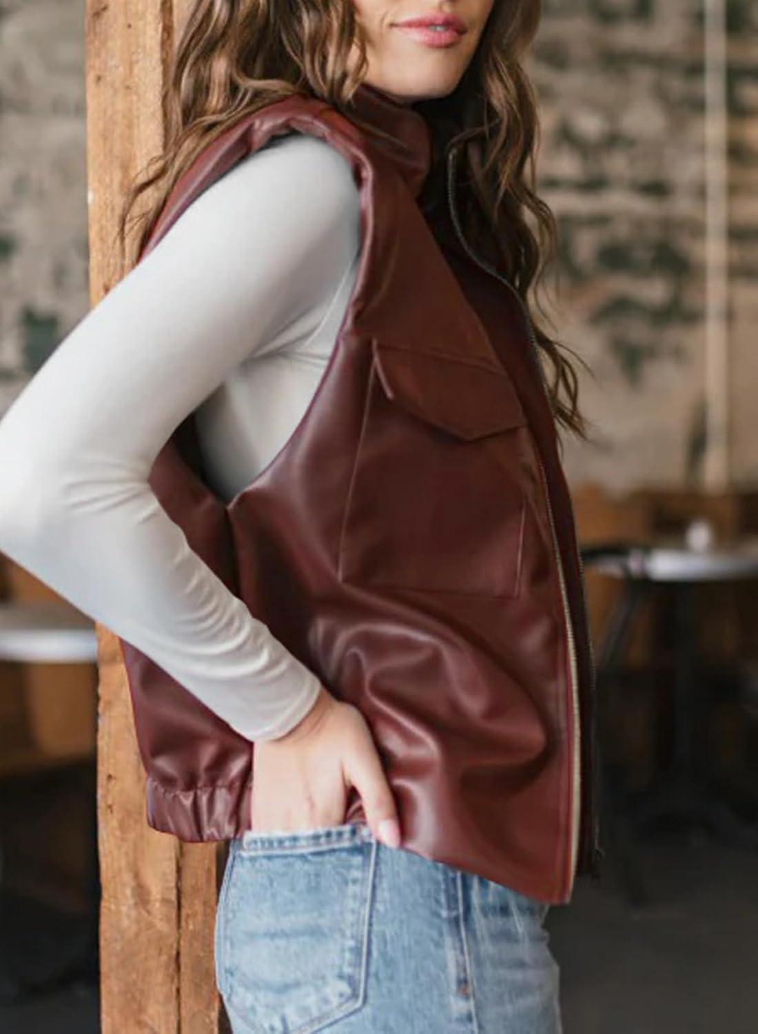 imageEVALESS Faux Leather Jacket Women Sleeveless Motorcycle Coat Zip Up Vest Jackets Fall Fashion Outfits Winter ClothesBurgundy