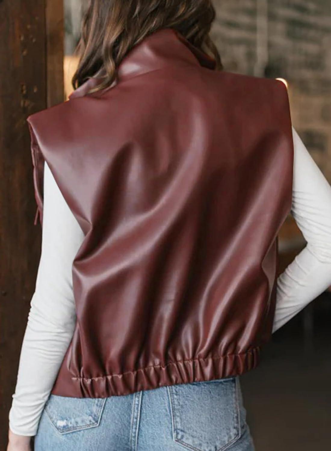 imageEVALESS Faux Leather Jacket Women Sleeveless Motorcycle Coat Zip Up Vest Jackets Fall Fashion Outfits Winter ClothesBurgundy