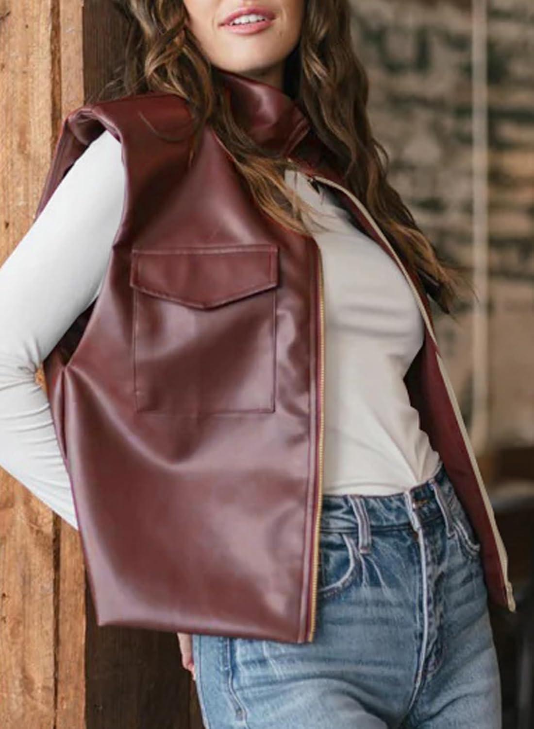 imageEVALESS Faux Leather Jacket Women Sleeveless Motorcycle Coat Zip Up Vest Jackets Fall Fashion Outfits Winter ClothesBurgundy