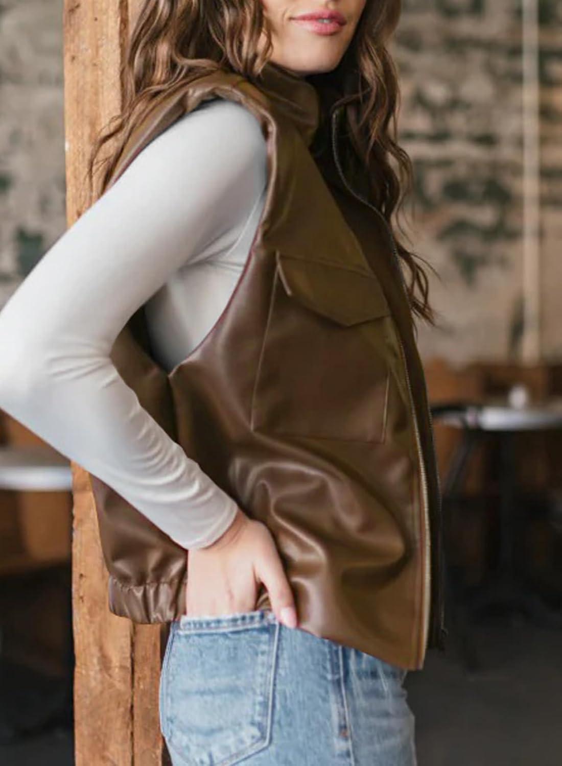 imageEVALESS Faux Leather Jacket Women Sleeveless Motorcycle Coat Zip Up Vest Jackets Fall Fashion Outfits Winter ClothesCoffee