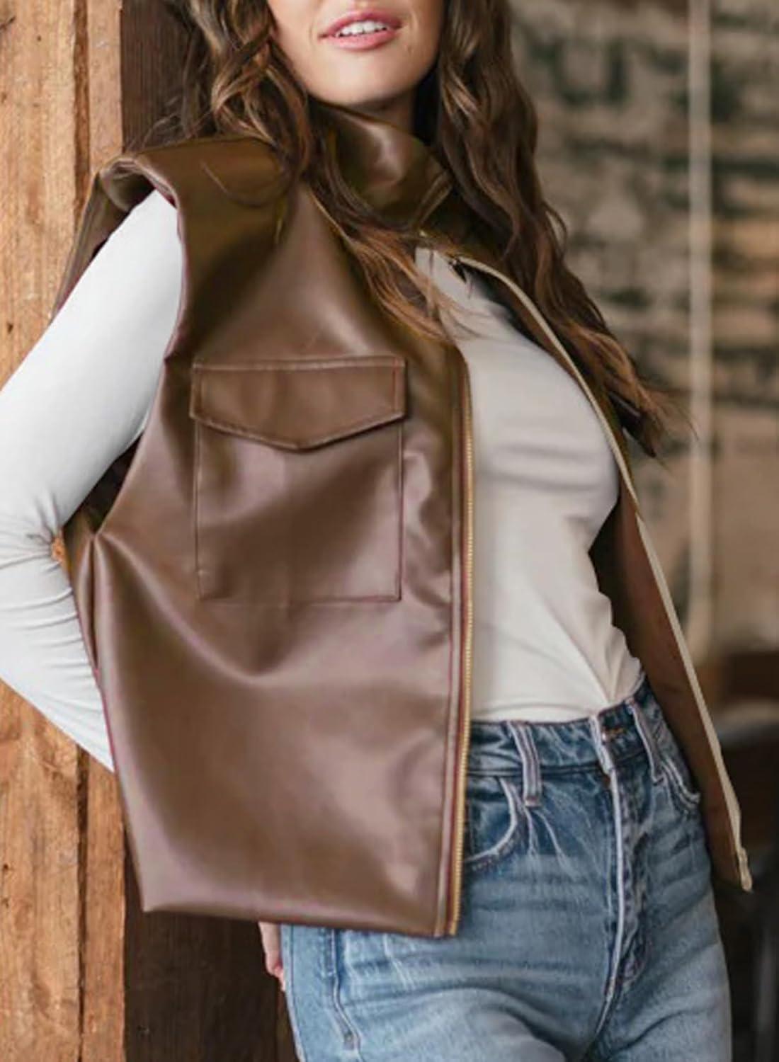 imageEVALESS Faux Leather Jacket Women Sleeveless Motorcycle Coat Zip Up Vest Jackets Fall Fashion Outfits Winter ClothesCoffee