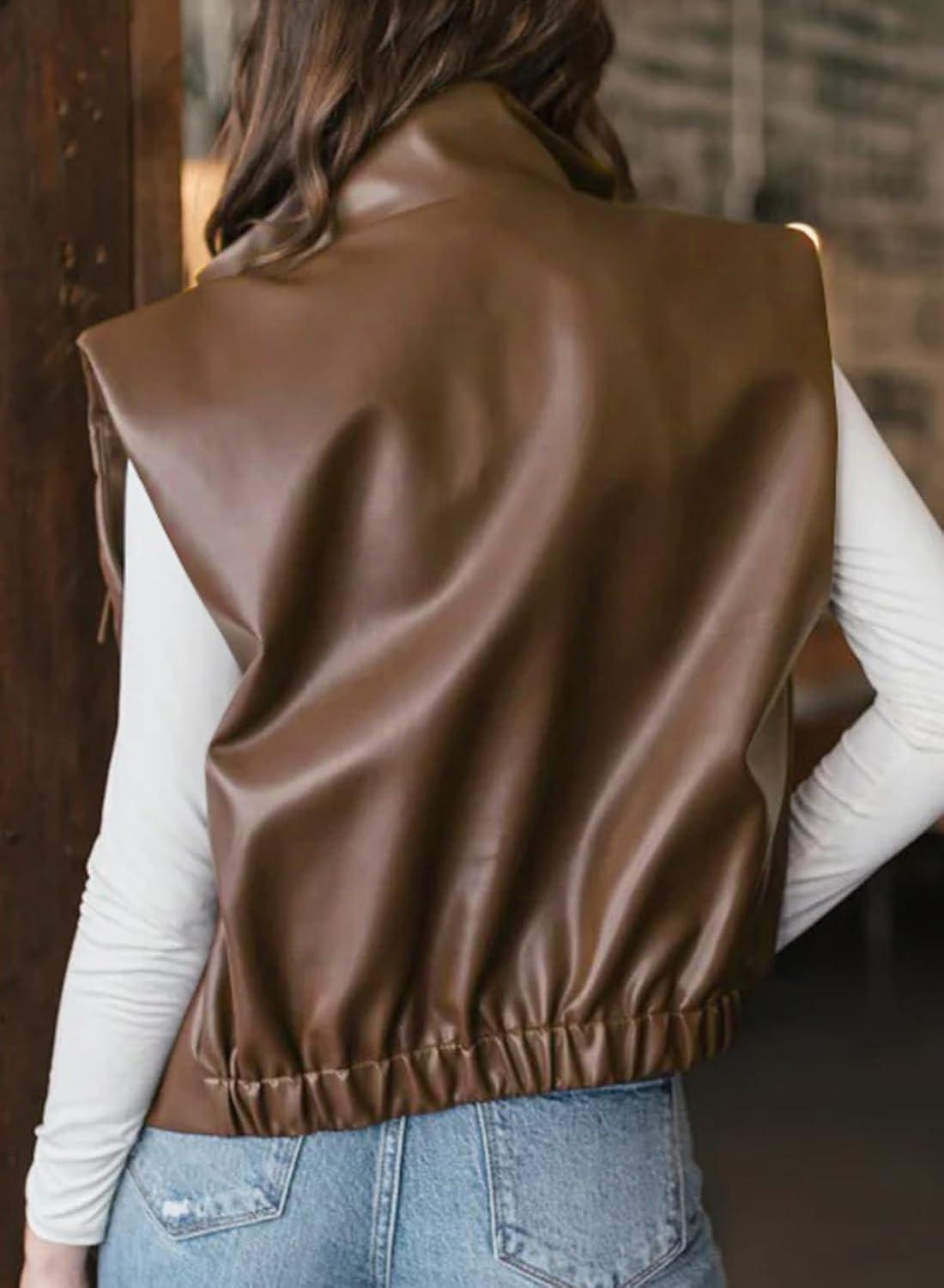 imageEVALESS Faux Leather Jacket Women Sleeveless Motorcycle Coat Zip Up Vest Jackets Fall Fashion Outfits Winter ClothesCoffee