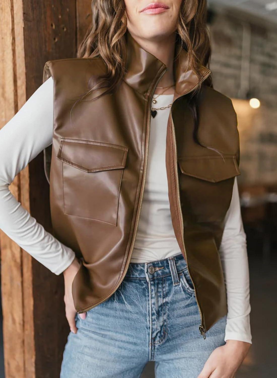 imageEVALESS Faux Leather Jacket Women Sleeveless Motorcycle Coat Zip Up Vest Jackets Fall Fashion Outfits Winter ClothesCoffee