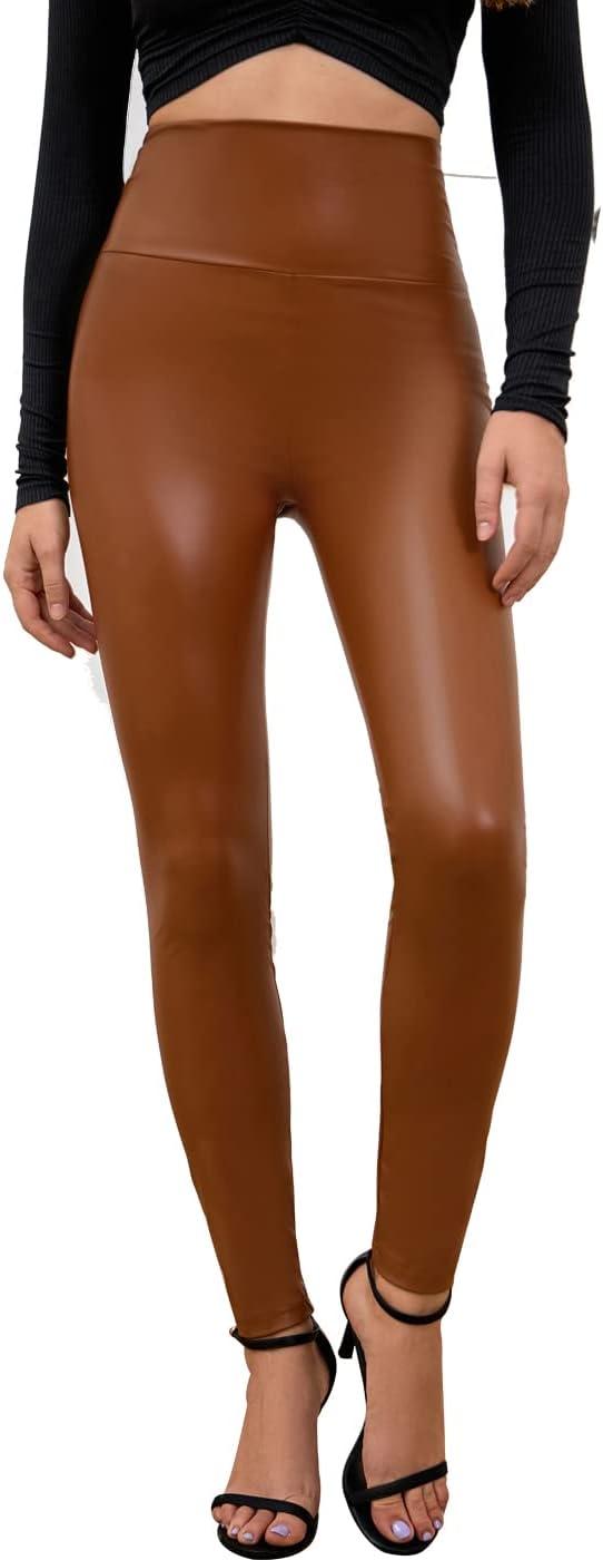 imageEverbellus Sexy Womens Faux Leather High Waisted LeggingsBrown