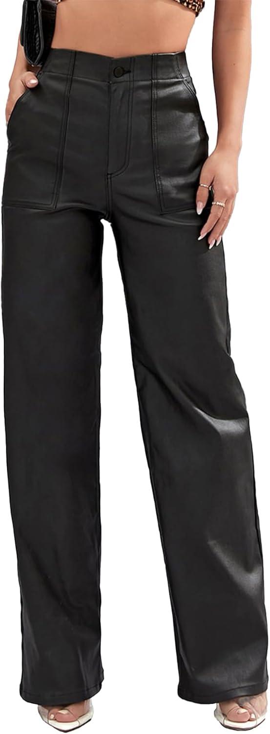 imageFaux Leather Pants High Waist Coated PU Button Straight Leather Black Leggings Wide Leg Pants with PocketsBlack