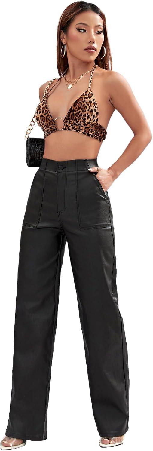 imageFaux Leather Pants High Waist Coated PU Button Straight Leather Black Leggings Wide Leg Pants with PocketsBlack