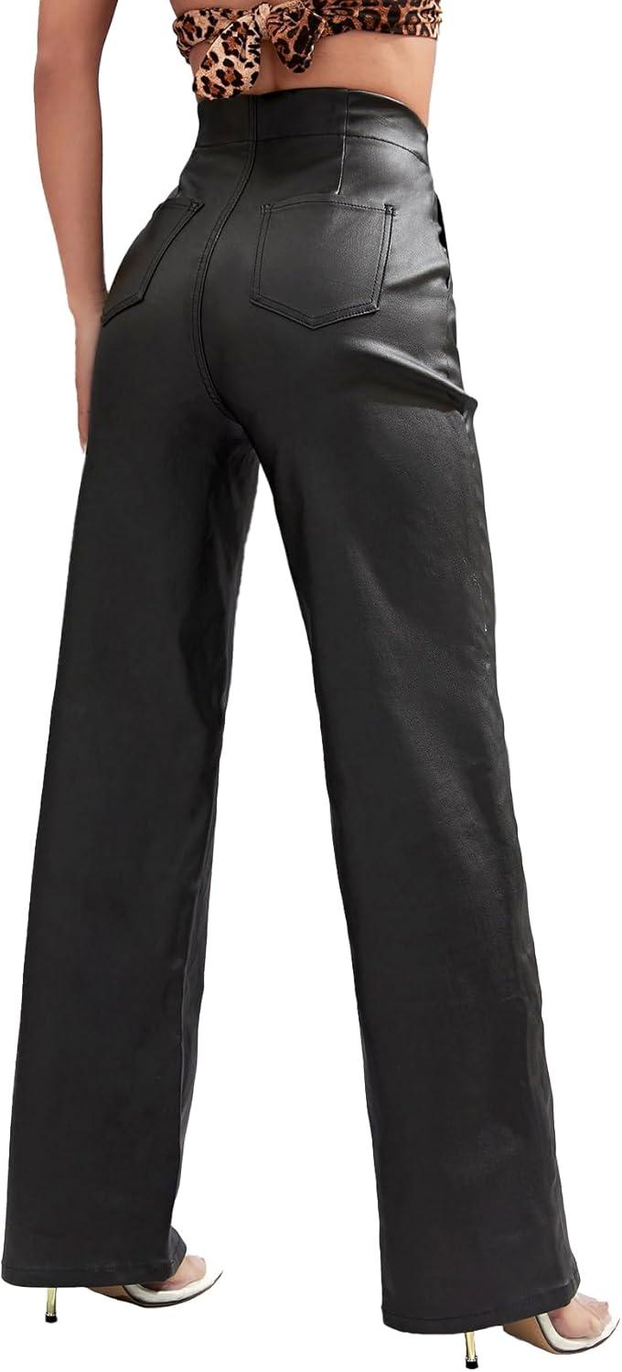 imageFaux Leather Pants High Waist Coated PU Button Straight Leather Black Leggings Wide Leg Pants with PocketsBlack