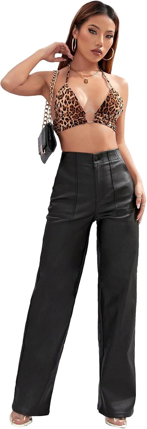imageFaux Leather Pants High Waist Coated PU Button Straight Leather Black Leggings Wide Leg Pants with PocketsBlack
