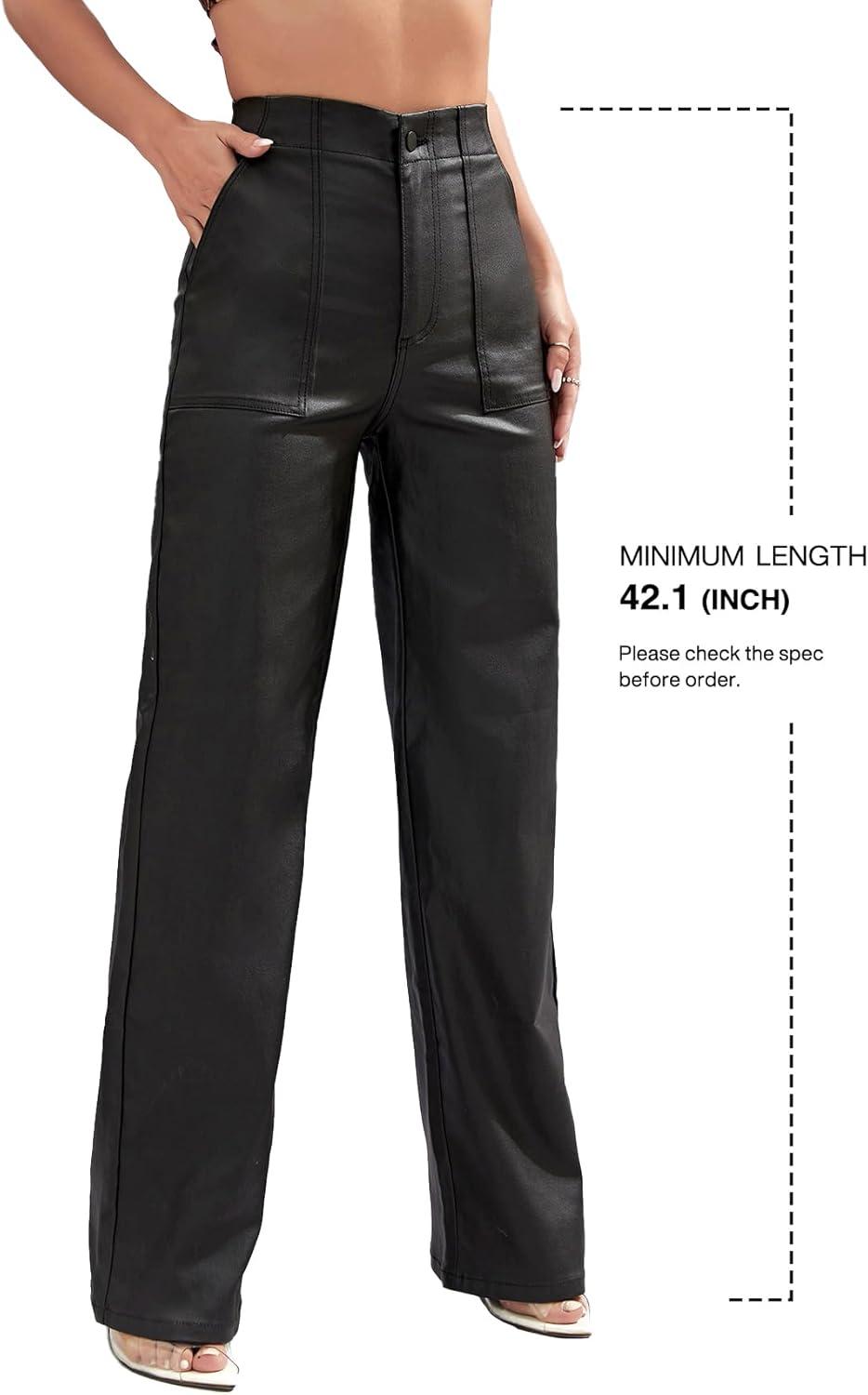 imageFaux Leather Pants High Waist Coated PU Button Straight Leather Black Leggings Wide Leg Pants with PocketsBlack