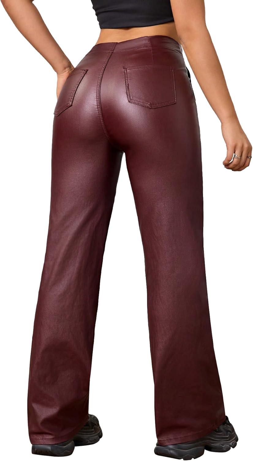 imageFaux Leather Pants High Waist Coated PU Button Straight Leather Black Leggings Wide Leg Pants with PocketsBurgundy