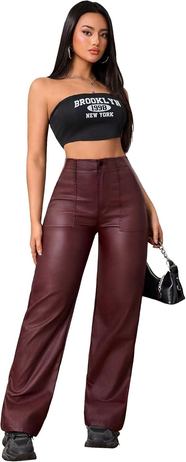 imageFaux Leather Pants High Waist Coated PU Button Straight Leather Black Leggings Wide Leg Pants with PocketsBurgundy