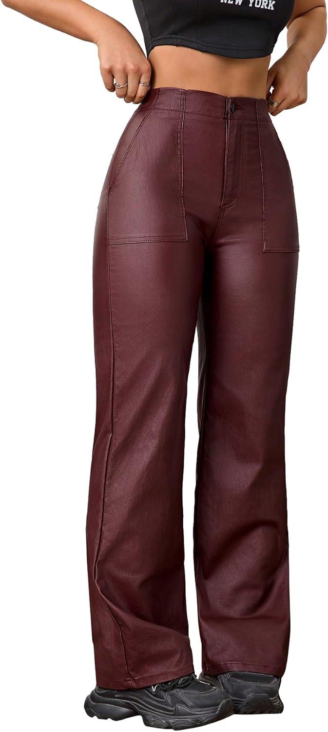 imageFaux Leather Pants High Waist Coated PU Button Straight Leather Black Leggings Wide Leg Pants with PocketsBurgundy
