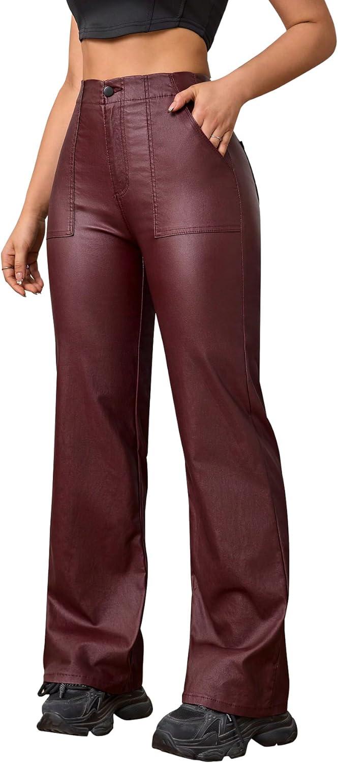 imageFaux Leather Pants High Waist Coated PU Button Straight Leather Black Leggings Wide Leg Pants with PocketsBurgundy
