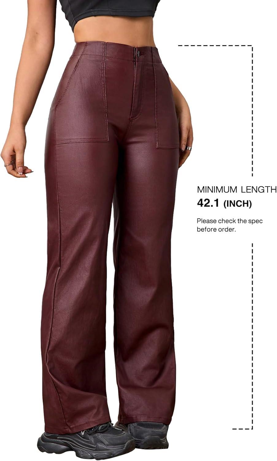 imageFaux Leather Pants High Waist Coated PU Button Straight Leather Black Leggings Wide Leg Pants with PocketsBurgundy