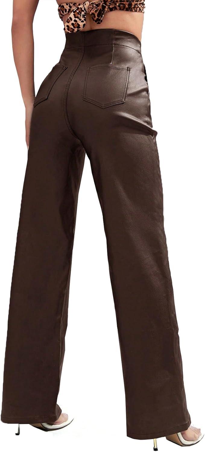 imageFaux Leather Pants High Waist Coated PU Button Straight Leather Black Leggings Wide Leg Pants with PocketsChocolate