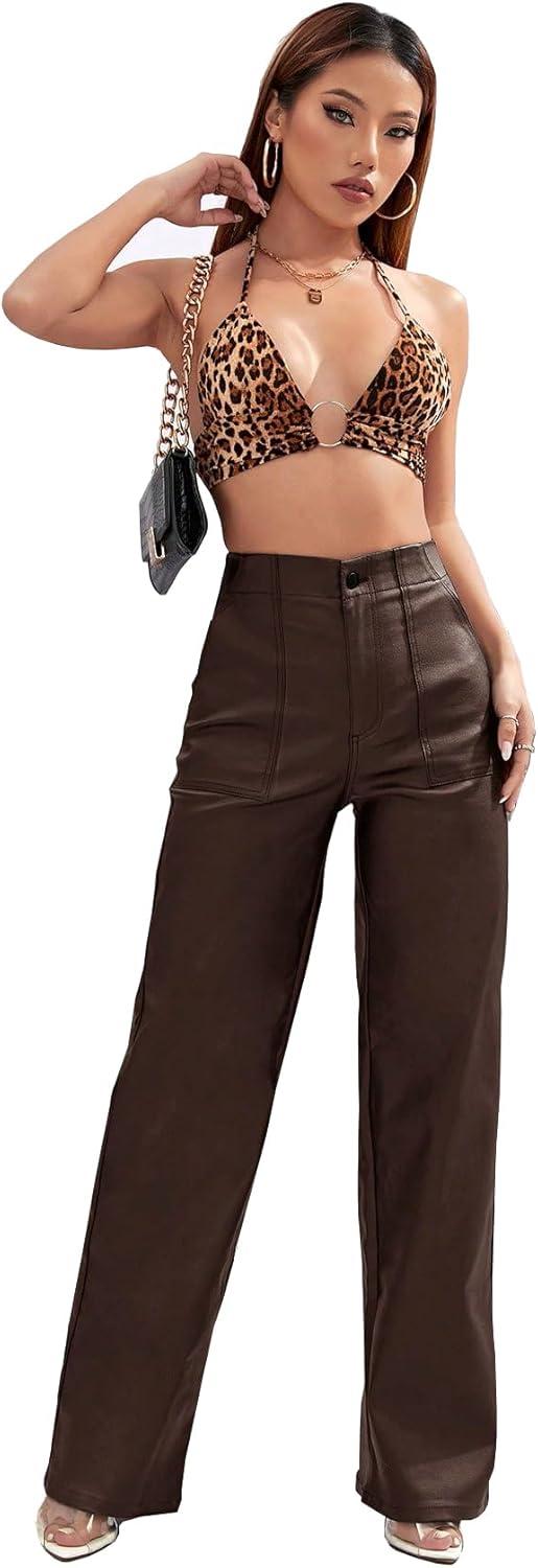 imageFaux Leather Pants High Waist Coated PU Button Straight Leather Black Leggings Wide Leg Pants with PocketsChocolate