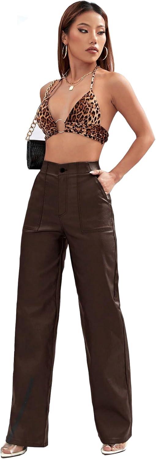 imageFaux Leather Pants High Waist Coated PU Button Straight Leather Black Leggings Wide Leg Pants with PocketsChocolate