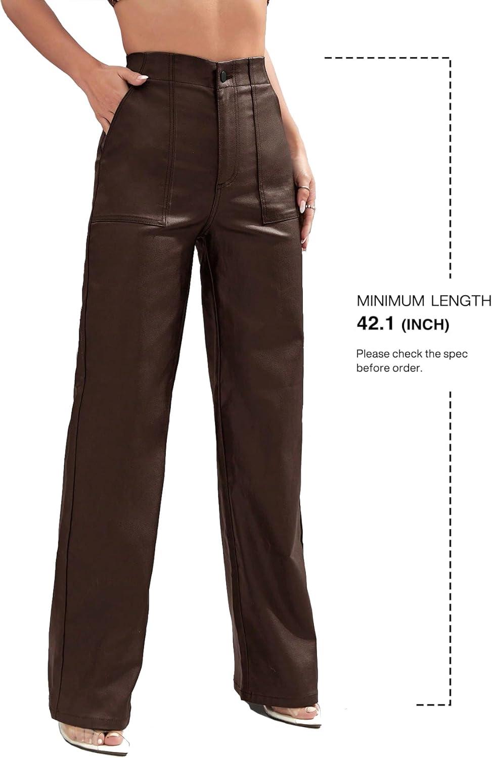 imageFaux Leather Pants High Waist Coated PU Button Straight Leather Black Leggings Wide Leg Pants with PocketsChocolate