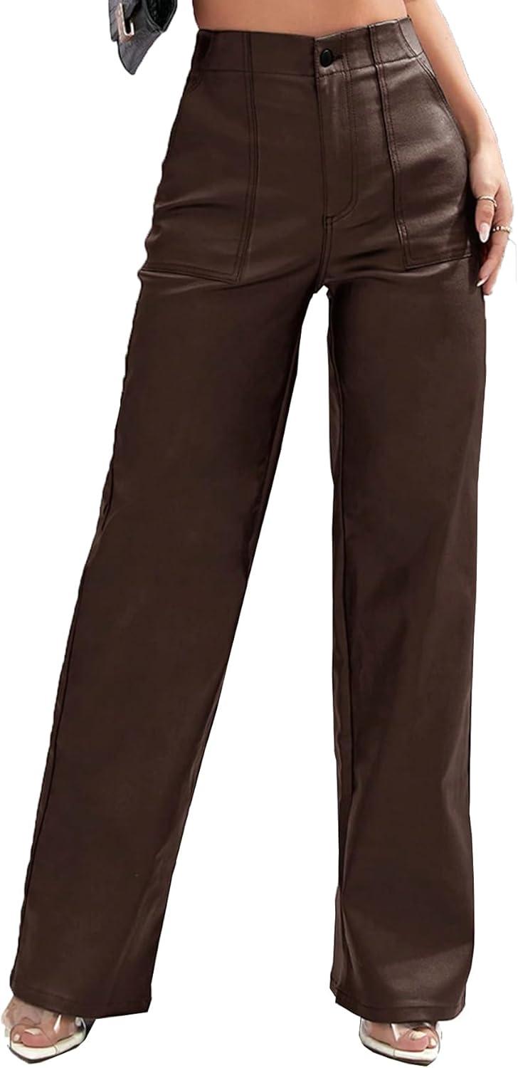 imageFaux Leather Pants High Waist Coated PU Button Straight Leather Black Leggings Wide Leg Pants with PocketsChocolate