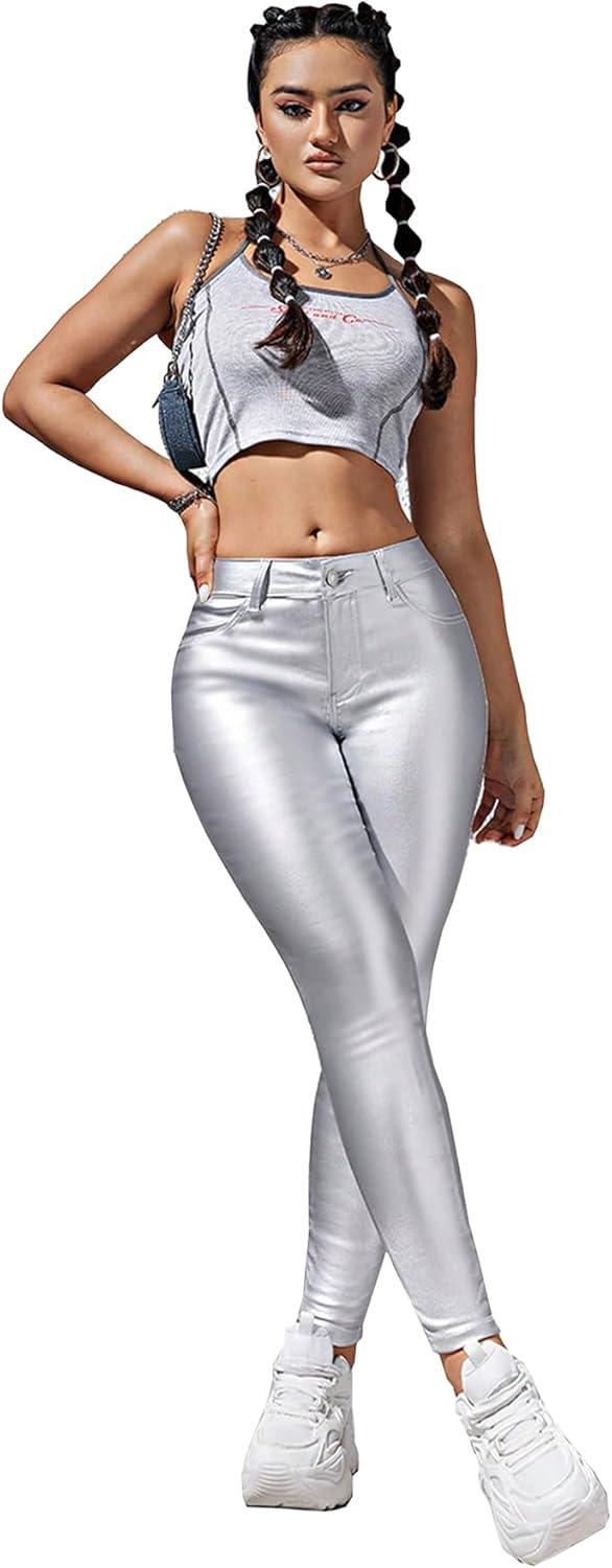 imageFaux Leather Stretchy Skinny Jeggings Coated Faux Leather Legging Pants Mid Waisted with PocketsSilver
