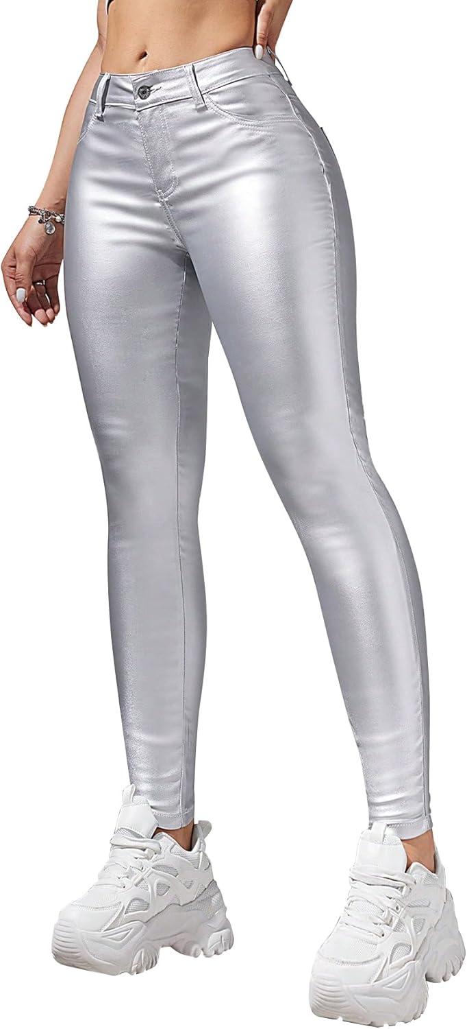 imageFaux Leather Stretchy Skinny Jeggings Coated Faux Leather Legging Pants Mid Waisted with PocketsSilver