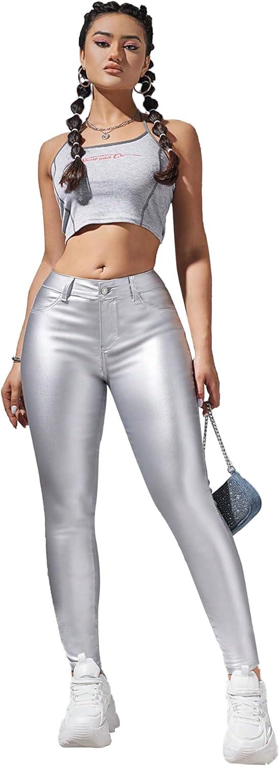 imageFaux Leather Stretchy Skinny Jeggings Coated Faux Leather Legging Pants Mid Waisted with PocketsSilver