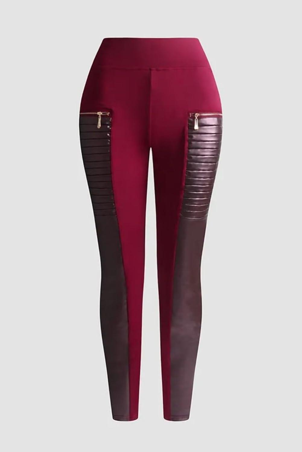 imageFlamingals Faux Leather Leggings for Women Tummy Control High Waisted Motorcycle Leggings Women with Pockets Patch ZipBurgundy