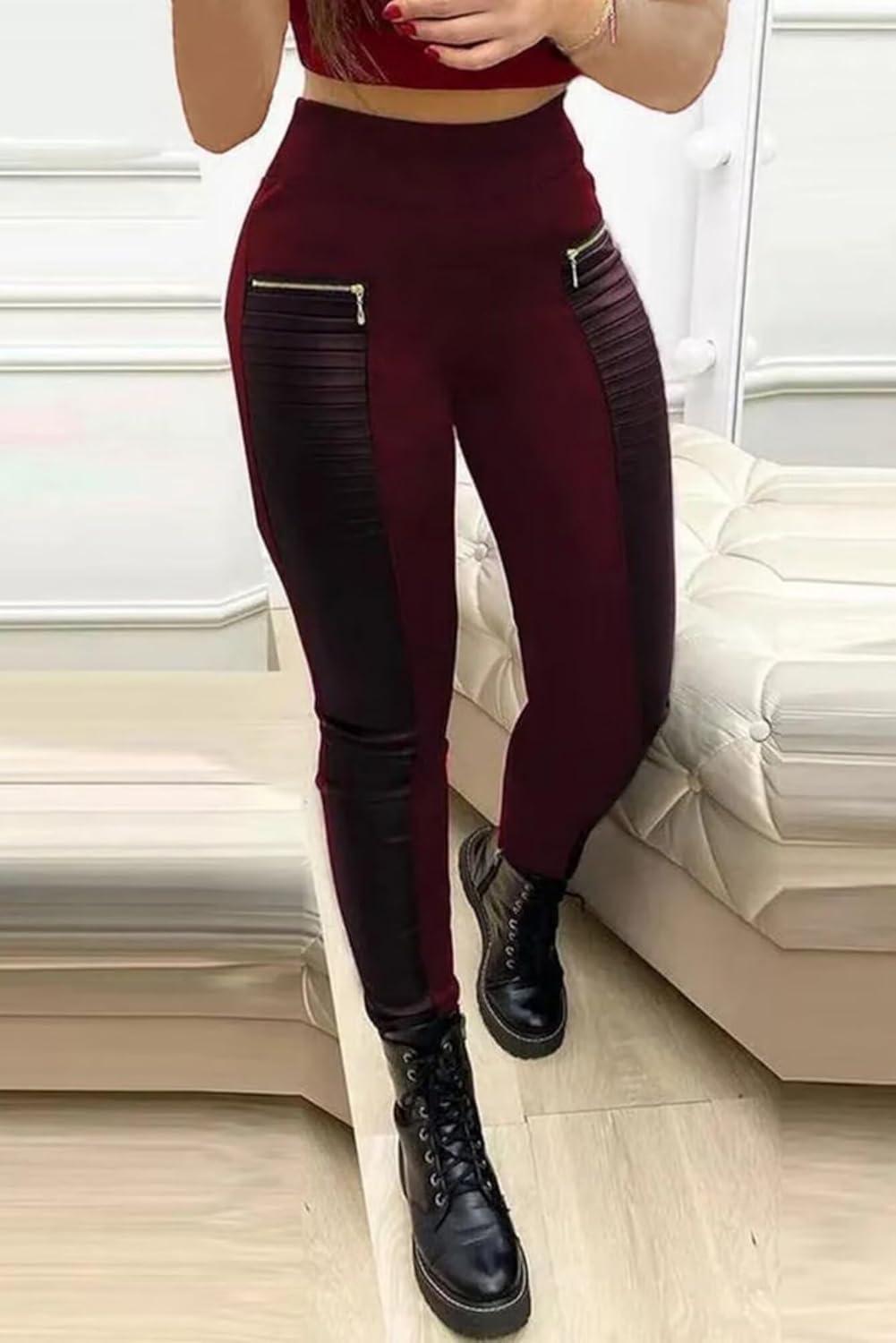 imageFlamingals Faux Leather Leggings for Women Tummy Control High Waisted Motorcycle Leggings Women with Pockets Patch ZipBurgundy