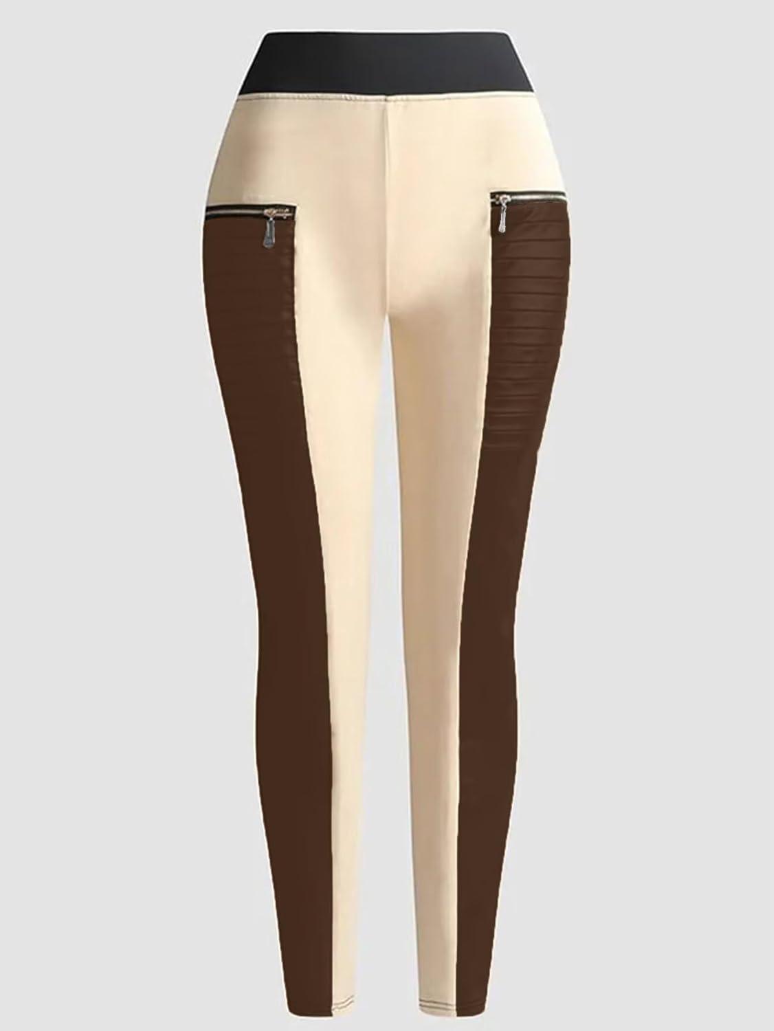 imageFlamingals Faux Leather Leggings for Women Tummy Control High Waisted Motorcycle Leggings Women with Pockets Patch ZipDeep Brown