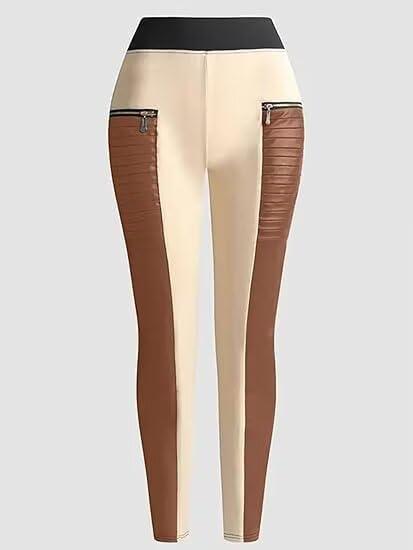 imageFlamingals Faux Leather Leggings for Women Tummy Control High Waisted Motorcycle Leggings Women with Pockets Patch ZipPure Brown
