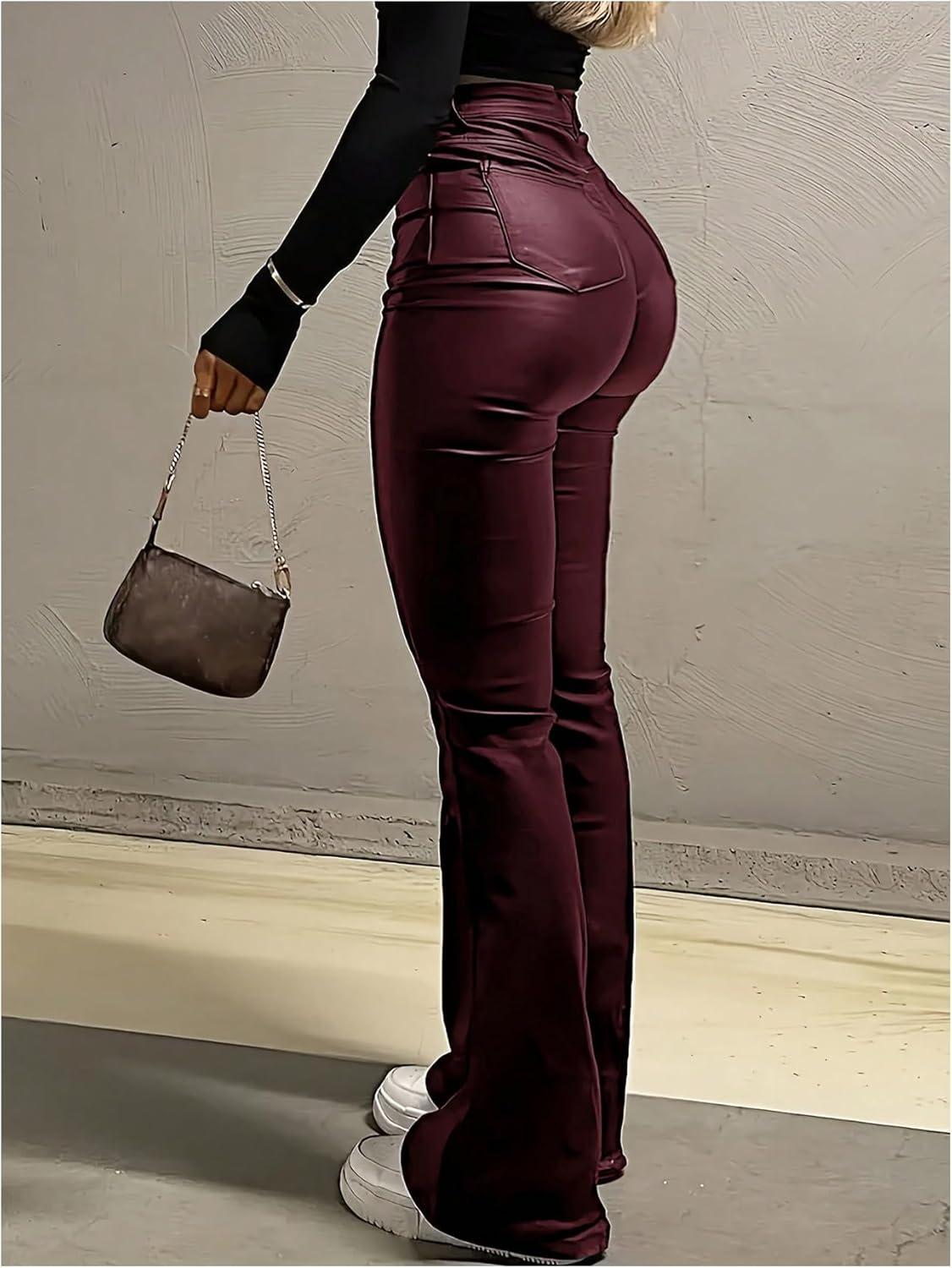 imageFloerns Womens Faux Leather Flare Leggings High Waisted Party Bell Bottom Pants ClubwearBurgundy