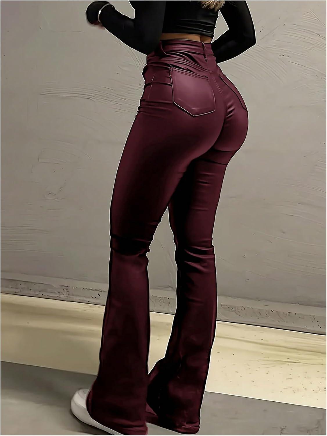 imageFloerns Womens Faux Leather Flare Leggings High Waisted Party Bell Bottom Pants ClubwearBurgundy