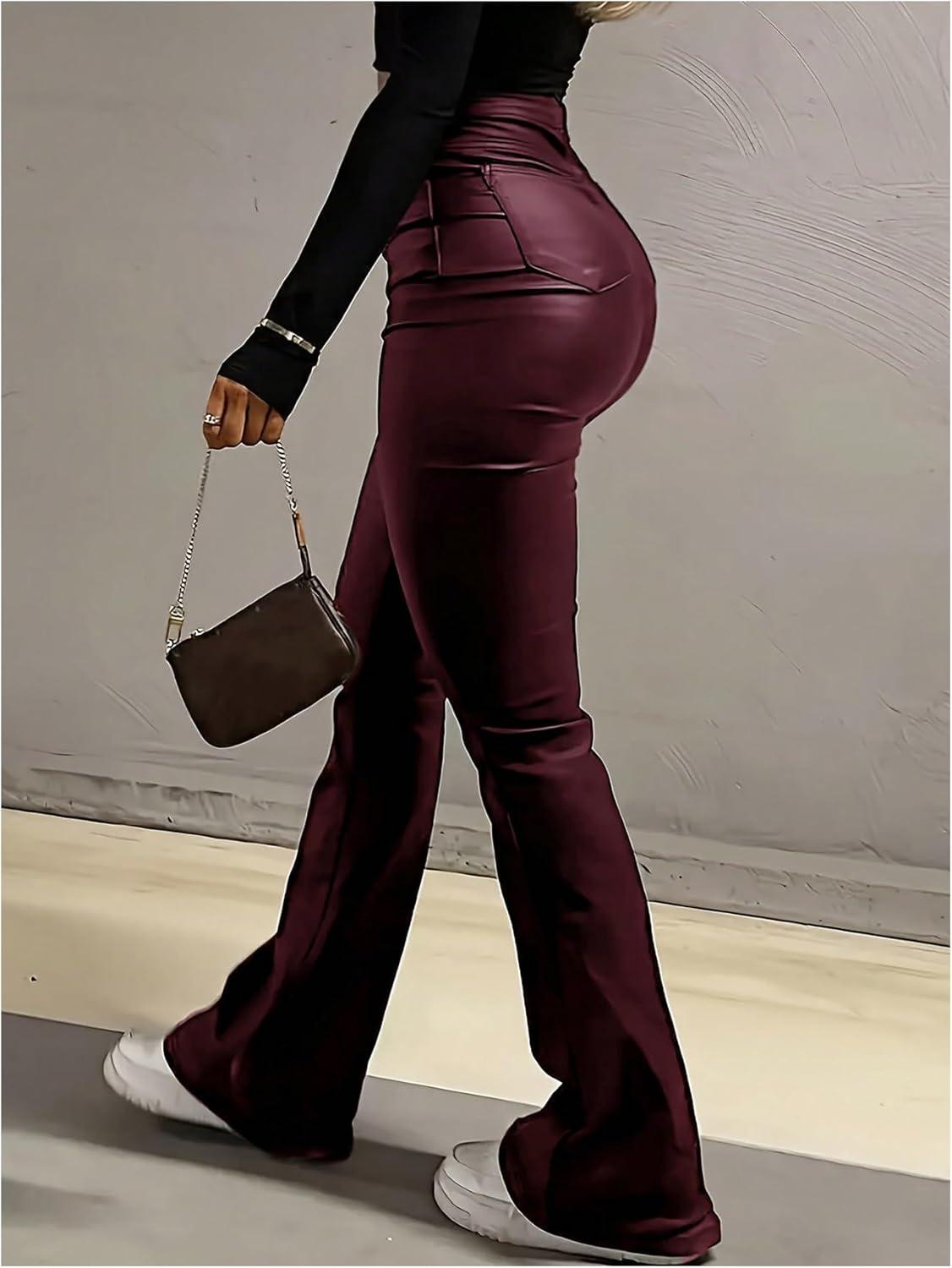 imageFloerns Womens Faux Leather Flare Leggings High Waisted Party Bell Bottom Pants ClubwearBurgundy