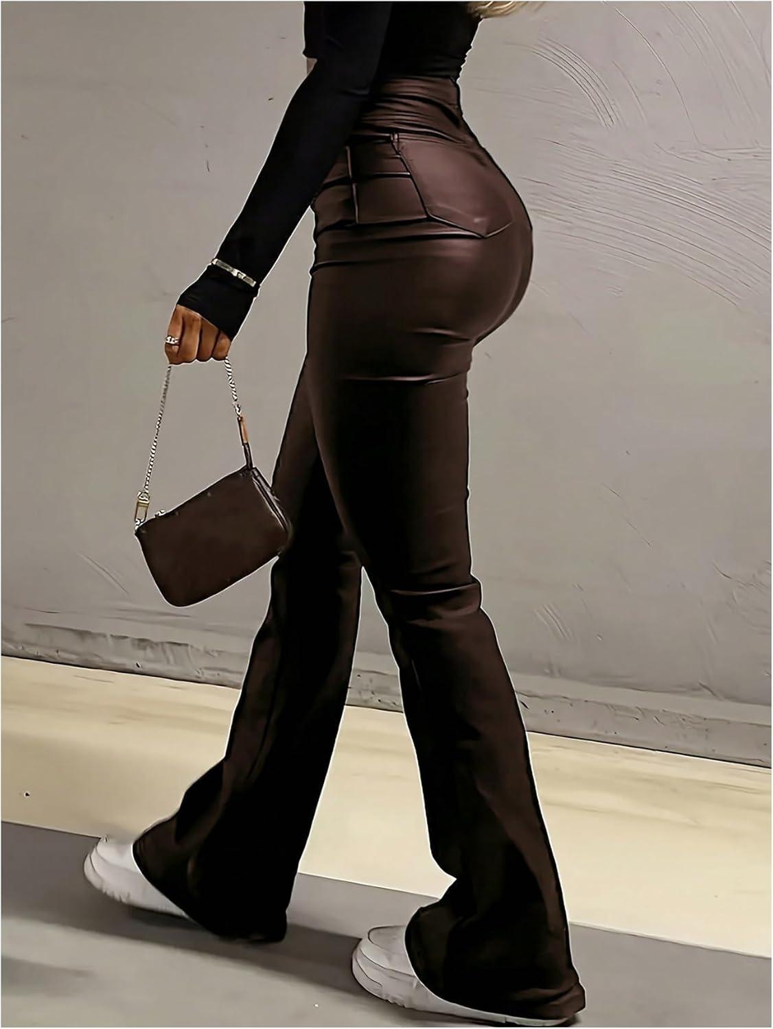 imageFloerns Womens Faux Leather Flare Leggings High Waisted Party Bell Bottom Pants ClubwearChocolate Brown