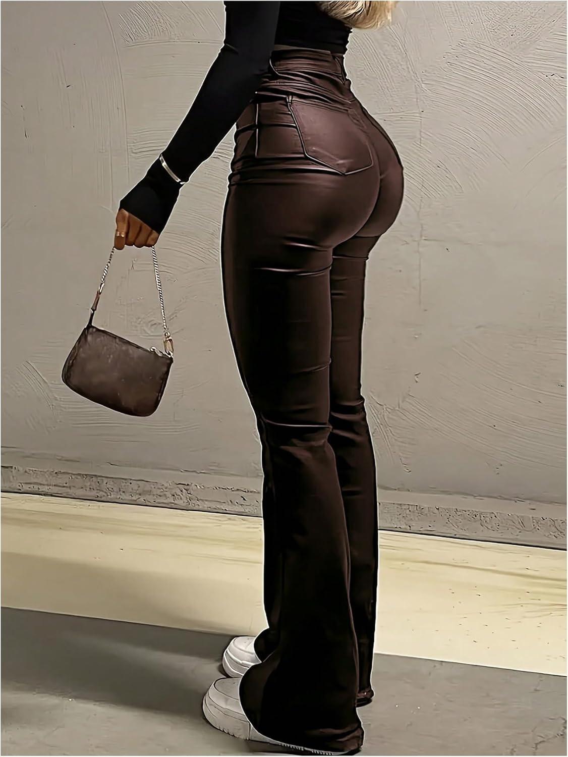 imageFloerns Womens Faux Leather Flare Leggings High Waisted Party Bell Bottom Pants ClubwearChocolate Brown