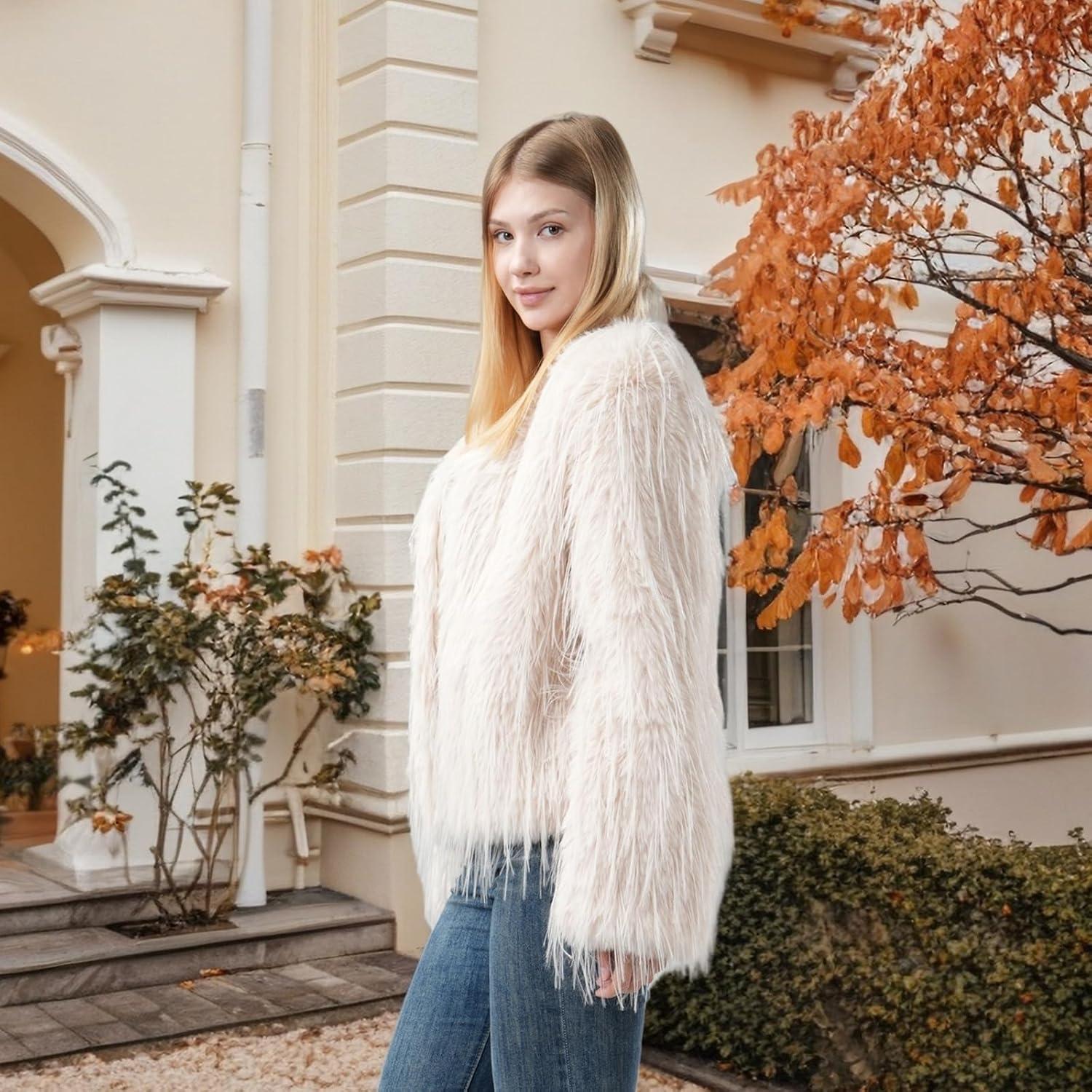 imageFur Coats For Women 2025 Plus Size Mongolian Faux Fuzzy Jacket Fluffy Long Sleeve Winter Coat with PocketsApricot Tassels