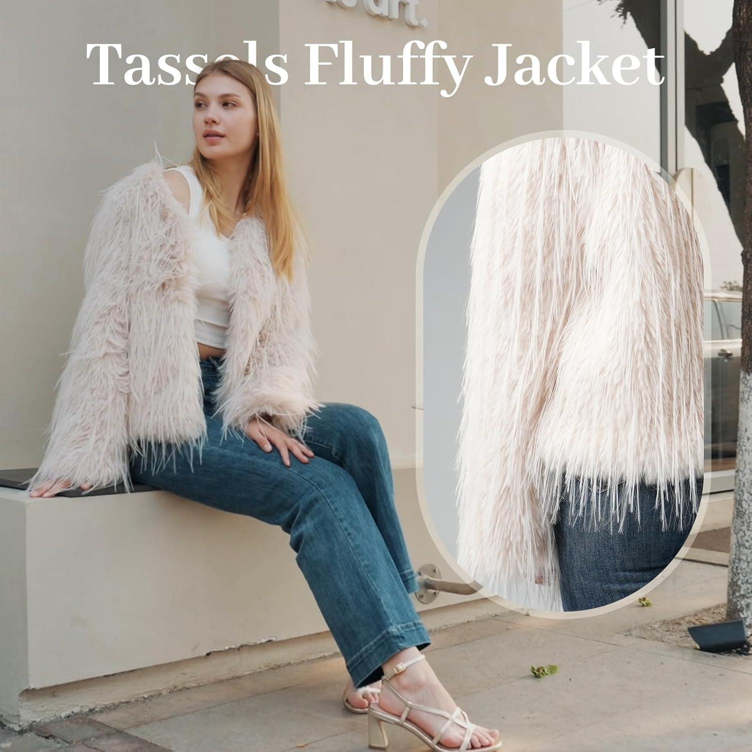 imageFur Coats For Women 2025 Plus Size Mongolian Faux Fuzzy Jacket Fluffy Long Sleeve Winter Coat with PocketsApricot Tassels