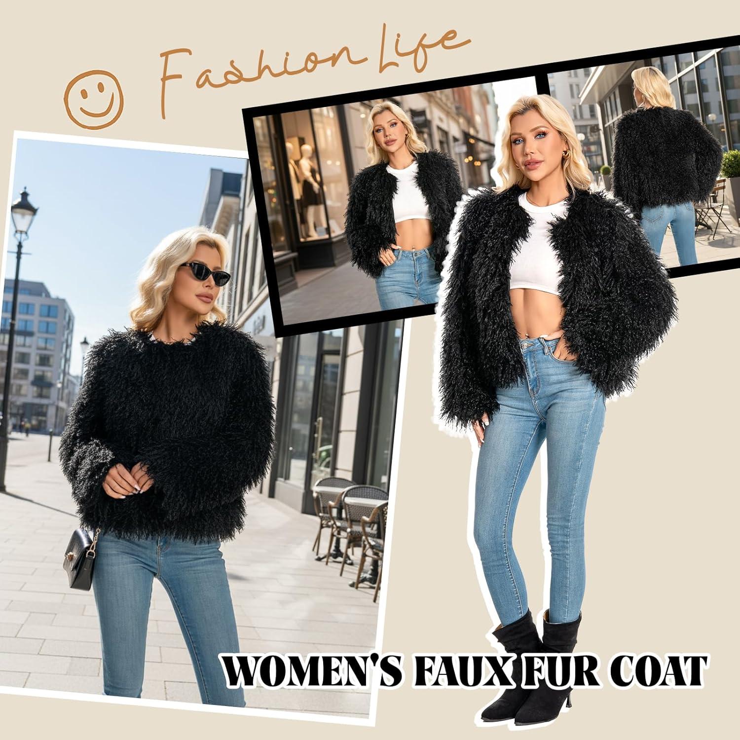 imageFur Coats For Women 2025 Plus Size Mongolian Faux Fuzzy Jacket Fluffy Long Sleeve Winter Coat with PocketsBlack