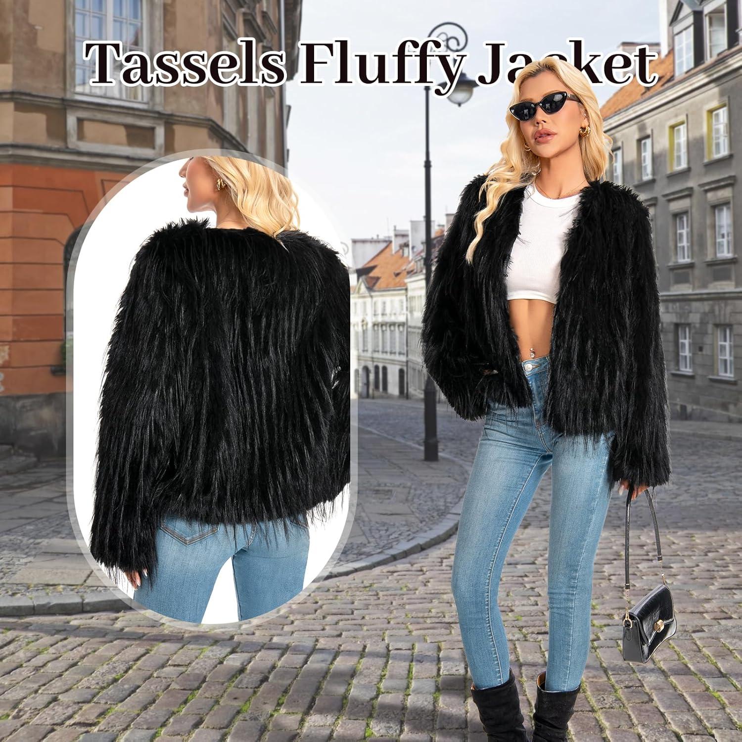 imageFur Coats For Women 2025 Plus Size Mongolian Faux Fuzzy Jacket Fluffy Long Sleeve Winter Coat with PocketsBlack Tassels