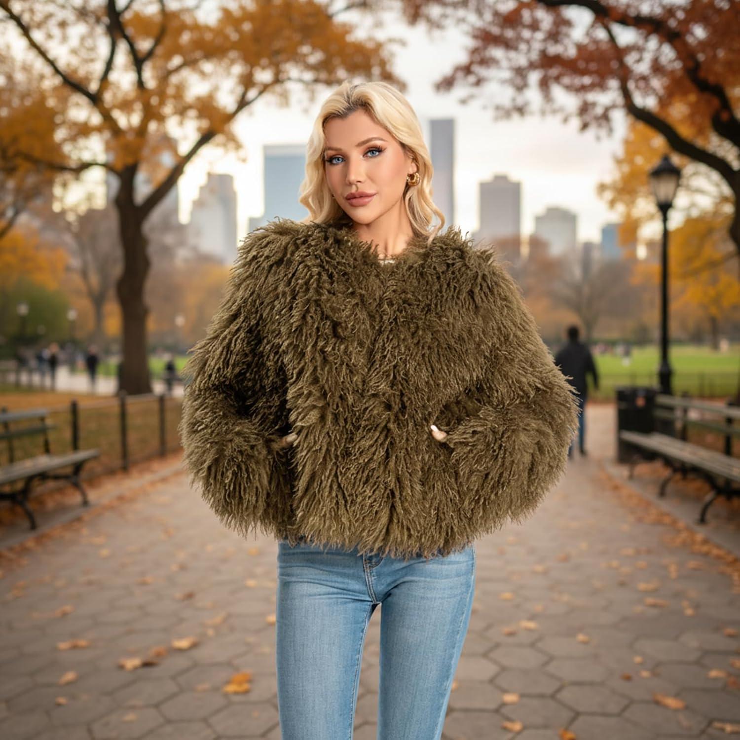 imageFur Coats For Women 2025 Plus Size Mongolian Faux Fuzzy Jacket Fluffy Long Sleeve Winter Coat with PocketsBrown